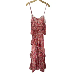 Lulus Posh Petals Red Floral Lurex Cold Shoulder Maxi Dress Size Large‎ Boho thumbnail 3
