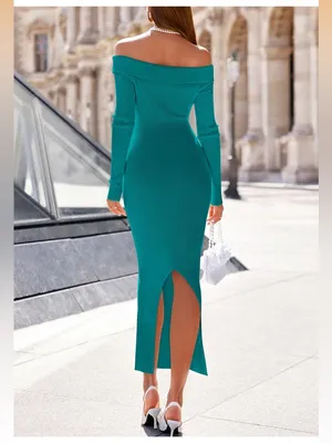 Nordstrom Off-Shoulder Teal Ribbed Maxi Dress - Elegant Women’s Evening Dress M thumbnail 4
