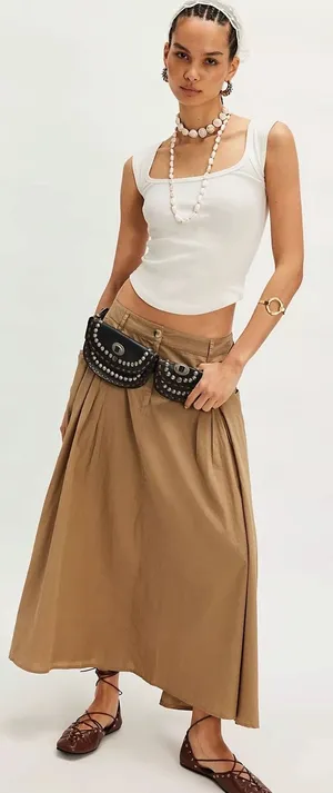 Free People All Around Midi Maxi Full Skirt Olive Tan Khaki Size XL Neutral NWT thumbnail 1