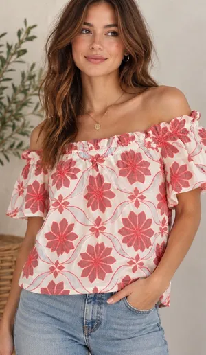 Maeve Anthropologie Womens Medium Embroidered Floral Off Shoulder Peasant Blouse thumbnail 1