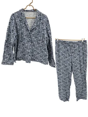 Garnet Hill Blue Green Floral Pajama set organic cotton long sleeve pants L/XL thumbnail 1