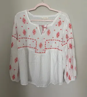 Solitaire White Peasant Tunic with Coral Embroidery thumbnail 1