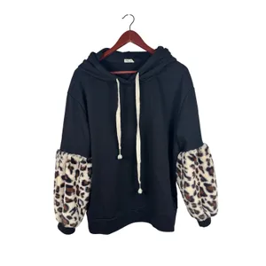 POL Hoodie Small Black Faux Fur Leopard Print Sleeve Pullover Sweatshirt Cheetah thumbnail 2