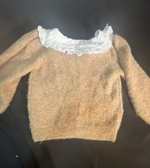 Lush Taupe Knit Cardigan with White Eyelet Peter Pan Collar thumbnail 5