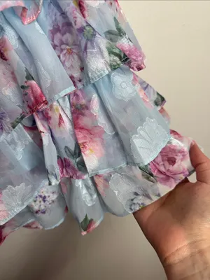 Lulus Trending Adorable Light Blue Floral Tiered Halter Mini Chiffon Dress sz L thumbnail 6