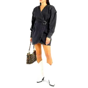 NWT IRO Gerlin Denim Dress Black 32(0) Revolve long puff sleeve belted mini thumbnail 2