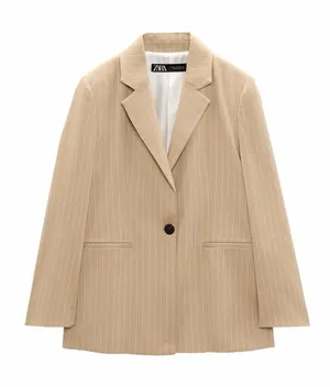 Zara Pinstripe Blazer Size Medium Women’s Tan Blogger Fav thumbnail 1