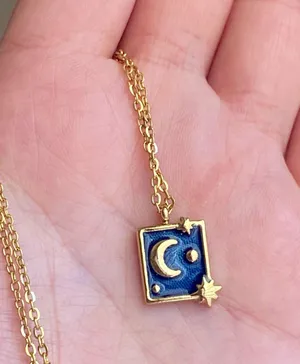 Handmade gold stainless steel blue celestial whimsical chic moon necklace⭐️ thumbnail 2