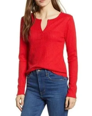 BP Rib Knit Henley Blouse Plus Size 4X Red thumbnail 1