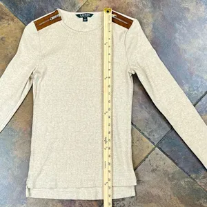 Lauren Ralph Lauren Rib Knit Shoulder Zipper Beige Sweater Small thumbnail 8