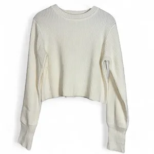 Lulus Womens Ribbed Cropped Knit Sweater Cream White Long Sleeve‎ Size L thumbnail 3