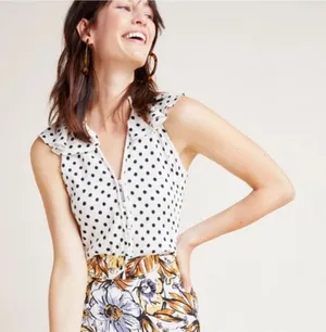 Anthropologie Polka Dot Ruffle Neck Sleeveless Button Up Shirt M‎ White Black thumbnail 1