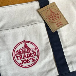 Trader Joe’s Reusable Canvas Tote Bag Navy & Cream Embroidered Logo NWT thumbnail 2