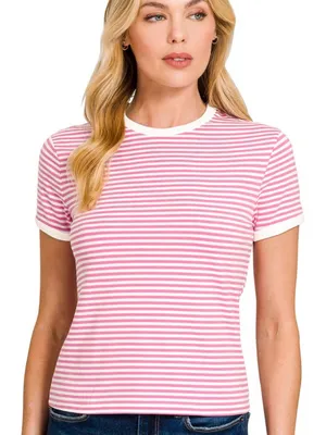 ZENANA Striped Ribbed Crewneck T - Shirt Women’s Candy Pink Sz Small Cotton thumbnail 3