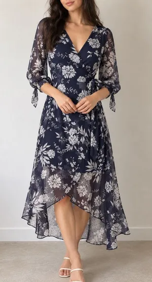 Eliza J Navy Blue Floral High Low Faux Wrap Dress 6 Cottage Fairy Wedding Guest thumbnail 1