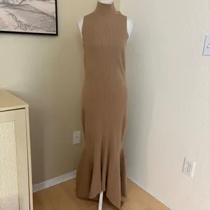 ANTHROPOLOGIE Mock Neck‎ Ribbed Knit Midi Dress Size Large Tan thumbnail 3