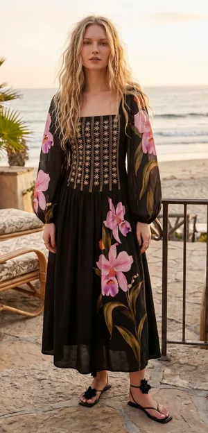 FARM Rio Embroidered Goddess Orchid Floral Long Sleeve Midi Dress Black Small thumbnail 1