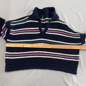 Free People Navy Blue Striped Chunky Knit Polo V-Neck Sweater Large thumbnail 4
