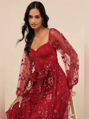 Lulu's Darling Charisma Wine Red Mesh Embroidered Midi Dress thumbnail 3