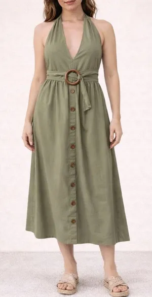 Lulus Feeling the Breeze Olive Green Buttoned Halter Backless Midi Dress Size XS thumbnail 1