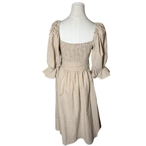 AURA Gingham Smocked Square Neck Midi Dress Beige White Puff Sleeve‎ Belted M thumbnail 3