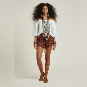Boho Floral Print High Waist Shorts L Festival Western Hippie thumbnail 2