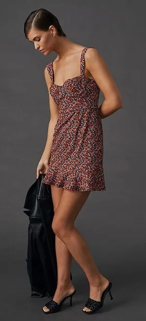 Hutch Floral Sweetheart Mini Dress Ruffle Hem Sleeveless‎ Multi Color Size M thumbnail 1