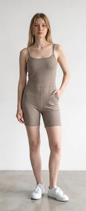 Beyond Yoga Spacedye Keep pace biker Romper Beige Athletic Athleisure Medium thumbnail 1