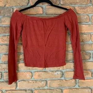 Y2K Ambiance Womens Medium Top Rust Orange Off‎ Shoulder Ribbed Long Sleeve Crop thumbnail 1