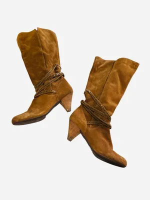 EXPRESS Suede Studded Strappy Cone Heel Boots Brown Sz 10 90’s, Y2K, Carmel thumbnail 3