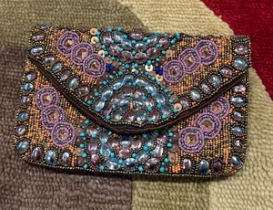 Brown Beaded Sequin Satin Envelope Clutch Evening Purse Formal Bag No Straps thumbnail 1