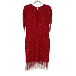 Vintage Red 100% Silk Beaded‎ Sequin Fringe Flapper Cocktail Dress thumbnail 2