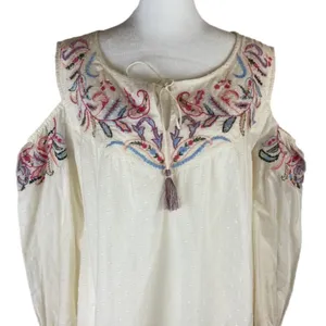 Ruff Hewn Boho Cream Floral Embroidered Cold Shoulder Peasant Shirt Western thumbnail 7