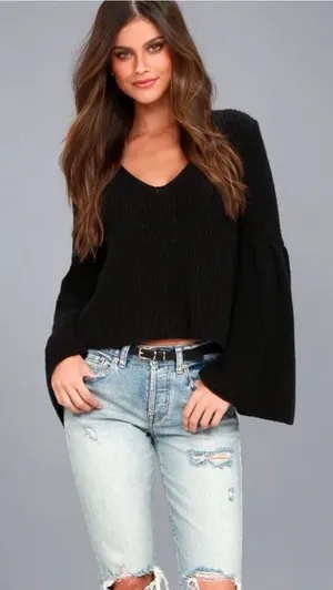 Free People Black Bell Sleeve V Neck Cotton Knit Sweater Medium 70s Cropped thumbnail 1