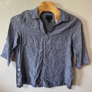 Tahari Linen Tunic Top Button Accent 3/4 Sleeve Blouse Blue V-Neck‎ Womens 1X thumbnail 1