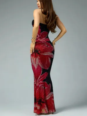 Windsor Black Strapless Sequin Gown with Red Floral Motif thumbnail 4