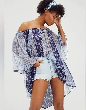 Free People Because I Love You Floral High-Low Top in Blue Floral Print thumbnail 1