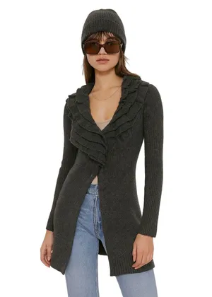 Tahari Long Cardigan Sweater Jacket 100% Merino Wool Size Small Gray Ruffle Snap thumbnail 1
