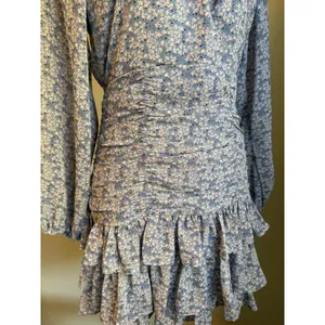 ASTR y2k Blue Multi Floral Ruched Tiered Ruffle Mini Dress boho cottage whimsi M thumbnail 5