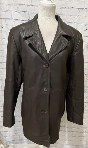 ALFANI Brown GENUINE LEATHER JACKET COAT Button Front Women's Large thumbnail 1