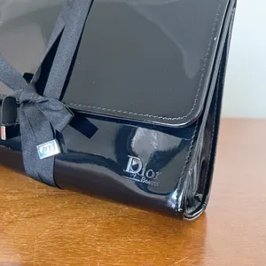 Dior • black patent leather cosmetic bag clutch pouch makeup case ribbon tie thumbnail 3