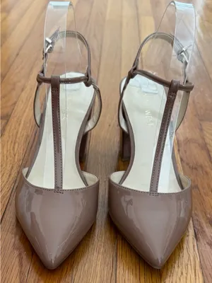 Nine West T-Strap Pointed Toe Block Heel Pumps - Taupe, size 8M evening formal thumbnail 1