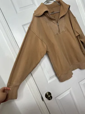 Aerie Camel Quarter Zip Pullover Sweatshirt Cozy Lounge Minimalist Athleisure M thumbnail 7