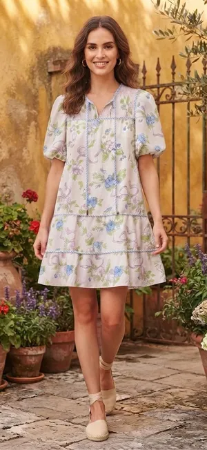 Floral Puff-Sleeve Tiered Mini Dress - Cream with Blue Floral thumbnail 1