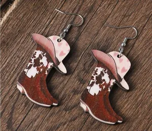 Cute little wooden cowgirl hat and boots dangling earrings thumbnail 1