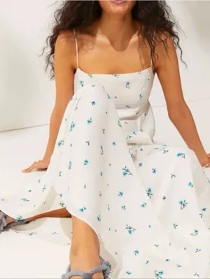 H&M White Maxi Dress with Blue Floral Sprigs Size S/ 38 thumbnail 1