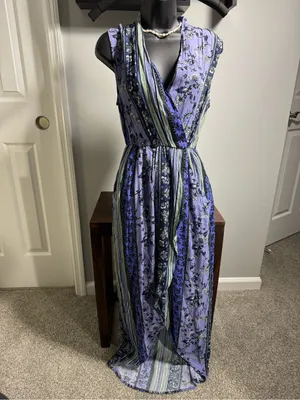 Anthropologie-Astr the Label Lavender and Navy Floral-Stripe Sleeveless Dress thumbnail 3