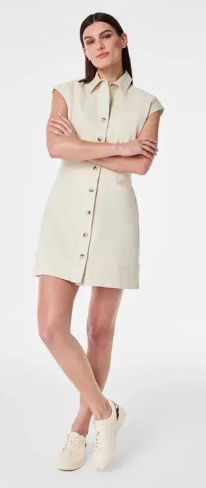 SPANX Stretch Twill‎ Utility Dress Eggshell Button Front Size 1X NEW thumbnail 1