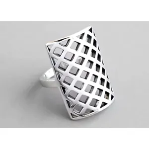 Solid Statement Ring White Gold Plated Sterling Adjustable‎ Lattice Wide Band thumbnail 8