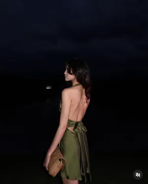 Zara dress halter open back tie bow Elegant Olive Green Satin wedding party thumbnail 6